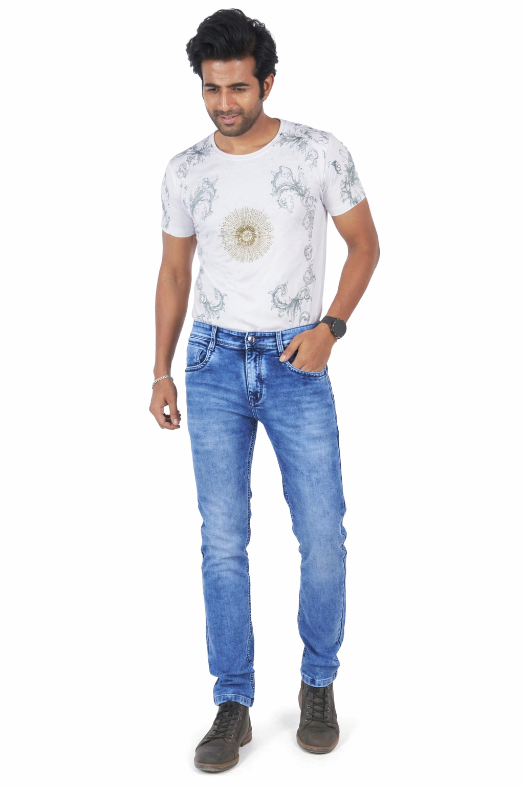 Men's Light Wash Blue Slim Fit Stretch Denim Jeans – Casual Fashion Comfortable Everyday Wear D.No 4201